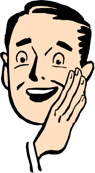 The image shows a cartoon of an animated man with his mouth open as if he's shouting or surprised, set against a black background that transitions to white at one end.