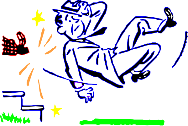 The image shows a cartoon of an animated character falling from a high place with stars around them while holding onto what appears to be fireworks in their hands; below is another figure who seems to have just thrown something, possibly related to sports given the presence of a baseball glove and bat on either side.