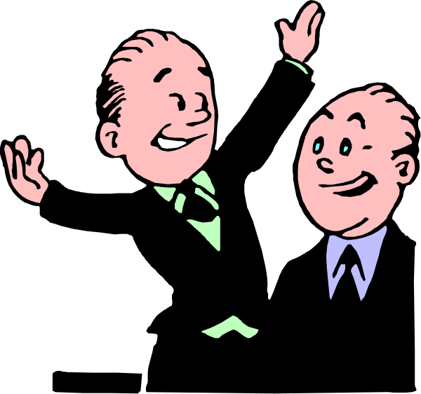 The image shows a black and white cartoon of three men standing together with their arms outstretched as if waving to someone off-camera; one man is on each side while another stands in front smiling broadly, all appear happy and friendly.