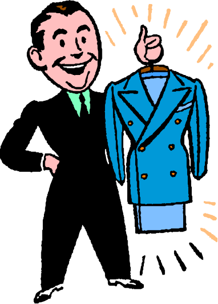 The illustration shows a man standing next to an illustrated coat on display with his thumb up as if approving it; he is wearing a suit jacket over another shirt visible at the bottom of the image.
