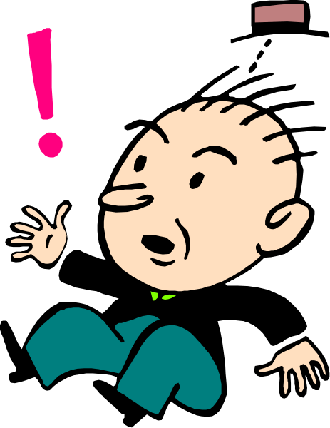The cartoon shows a surprised man with an exclamation mark above his head pointing to something offscreen while lying on what appears to be a bed in distress.