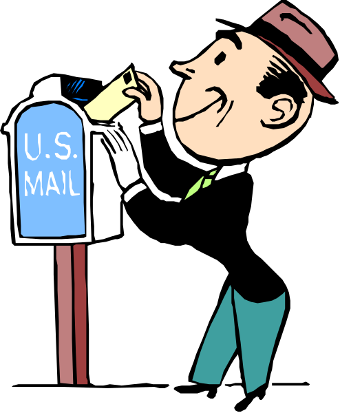 The cartoon depicts a man standing next to an old mailbox with "U.S." written on it; he is holding a piece of paper in his hand that says "US MAIL" atop, and there's another smaller text below reading "MAIL".