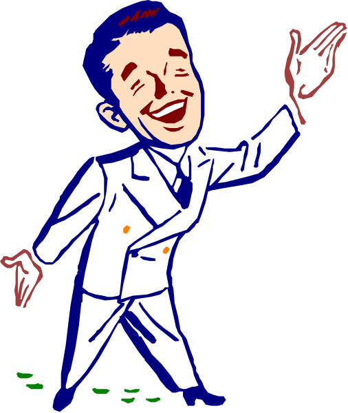 The cartoon depicts a man standing on grass with his arms outstretched as if dancing; he is wearing white pants and has dark hair styled in an upswept manner atop his head.