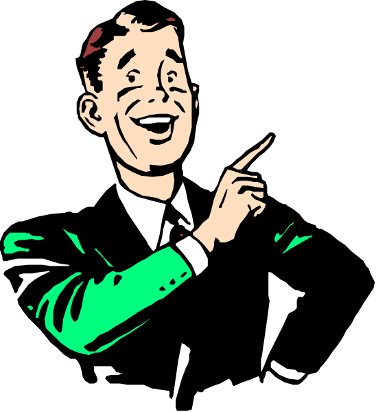 The image shows a cartoon of an animated man with his hand raised to point at something offscreen while wearing a suit jacket over a green shirt.