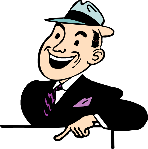 The cartoon depicts a man with exaggerated facial features wearing a suit pointing his finger upwards while smiling broadly at something above him in an unseen direction.