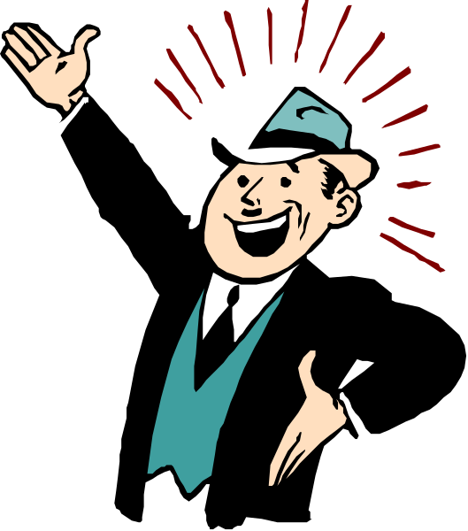 The cartoon shows a man wearing a suit with his arms raised above him while standing on top of an exclamation mark that is emitting red lines upward from its base to create a sense of excitement or surprise, and he has a wide smile as if shouting something enthusiastically.