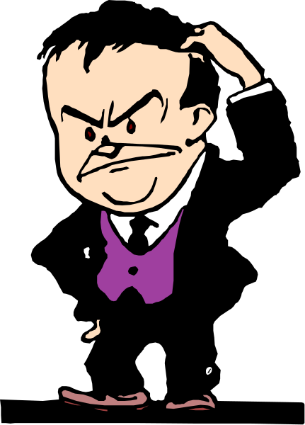 The image shows a cartoon of an animated character who appears to be upset or angry with his hands on hips while standing in front of another figure that is looking upwards towards him.