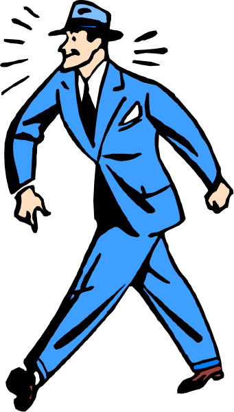 The image shows a black and white illustration of an animated man walking on what appears to be a sidewalk at nighttime with his head turned towards something off-screen.