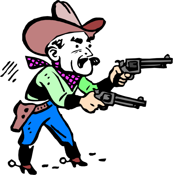 The cartoon depicts a cowboy holding two guns crossed over his chest while standing against a black background with no other visible elements in sight.