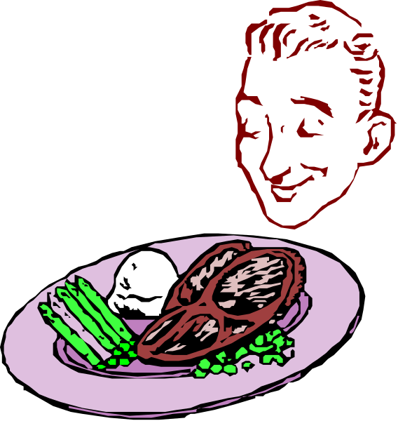 The first panel shows a plate with meat on it next to vegetables like broccoli and carrots; there's also an egg in front of them. In the second panel, we see another person looking at this meal from above while smiling broadly.