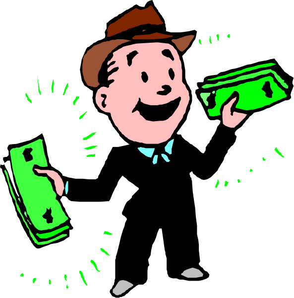 The cartoon shows a man dressed as an accountant holding two stacks of money with dollar signs on them while standing in front of green neon lights that spell out "MONEY."