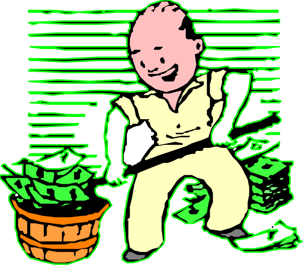 The cartoon depicts a man shoveling money into two large baskets while standing next to an overflowing wheelbarrow of coins; he is smiling as if enjoying his work.