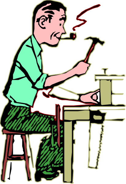 The illustration shows a man sitting at an old sewing machine with his hands on it; he appears to be working intently while looking downward towards something off-frame that is being held by another person, who seems to have just placed their hand near him or possibly handed over the item they are holding.