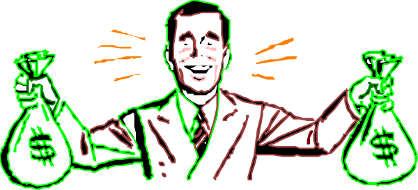 The image shows a cartoon of an animated man with exaggerated features holding up two hands filled with money bags while standing in front of another figure that appears to be a businessman also surrounded by money.