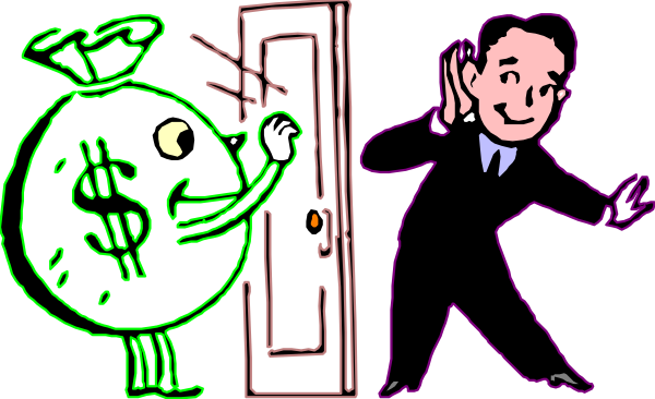 The image shows a cartoon of an open door with two characters: on the left is a man holding his hand to his ear as if listening intently; in front of him stands another character that appears to be made up entirely from money, also looking attentively through the doorway towards something outside.