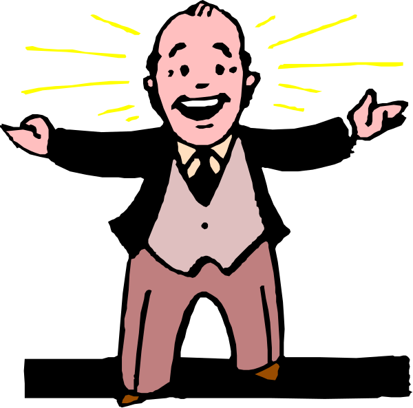The cartoon shows a man standing with his arms outstretched as if he's presenting something to an audience; behind him is another figure that appears surprised by what it sees in front of them.