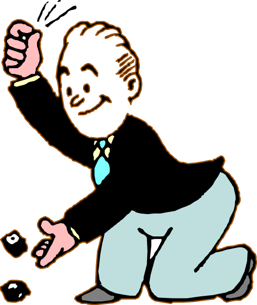 The cartoon depicts a man kneeling on his knees with an exaggeratedly large smile, holding two small black items in each hand while looking down at them as if he's about to pick something up from between his legs; there is no text present within this image.