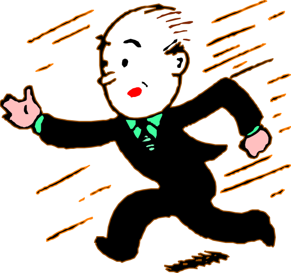 The black and white cartoon shows a man running with his arms outstretched against an abstract background that suggests motion through lines radiating from him in different directions.