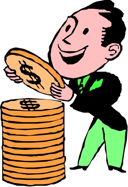 The cartoon shows a man holding stacks of money with his hands while standing next to piles of coins on top of each other; he is smiling as if happy about receiving this amount of cash.