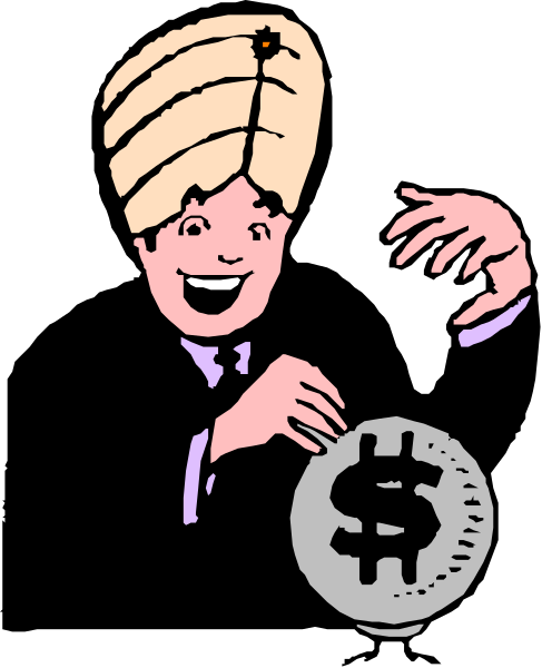 The cartoon depicts a man with an exaggeratedly large head holding up his hands to reveal that he is balancing on one finger atop another hand which holds a coin in its palm; above him, there's text reading "YOU CANNOT ESCAPE THE GRIP OF MONEY."