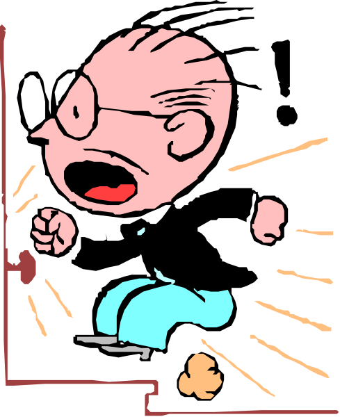 The cartoon shows a man with glasses running down stairs while shouting something out of his mouth; he is wearing blue pants and has white hair.