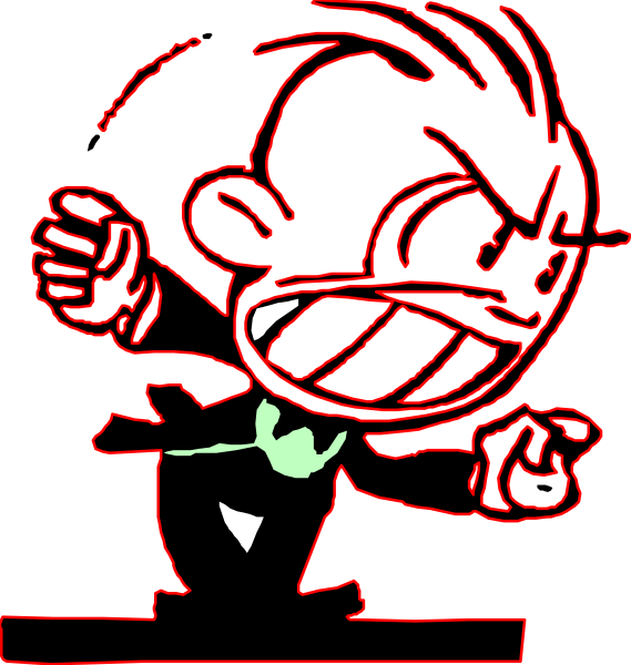 The image shows a cartoon character with exaggerated facial features making an expressive gesture while standing on what appears to be a stage platform in front of microphones.