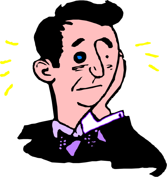 The cartoon shows a man with glasses looking surprised while holding his head between both hands; he is wearing a suit jacket over a shirt adorned with polka dots.
