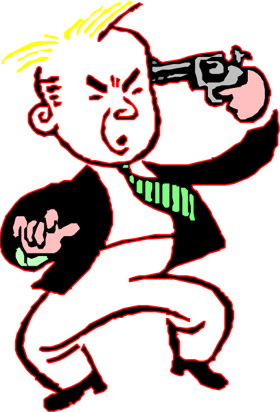 The image shows a cartoon of an animated man with exaggerated features holding two guns crossed over his chest while standing on what appears to be one leg in mid-air against a black background.