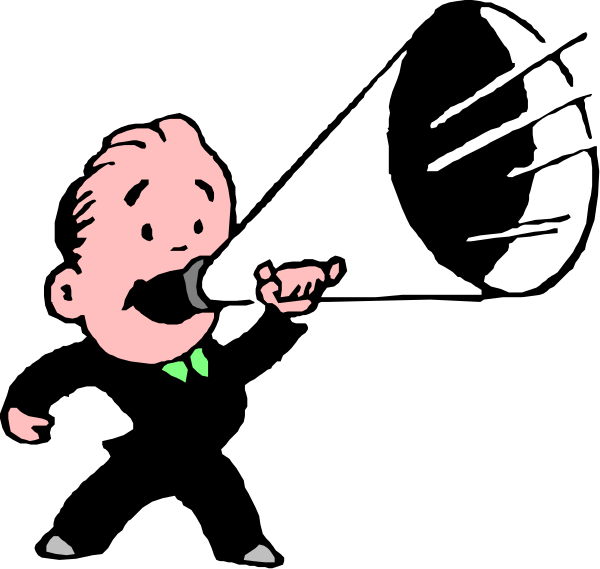 The cartoon shows a man with his mouth open as if shouting into an unseen microphone; he is wearing a suit jacket over what appears to be a tie-dye shirt underneath.