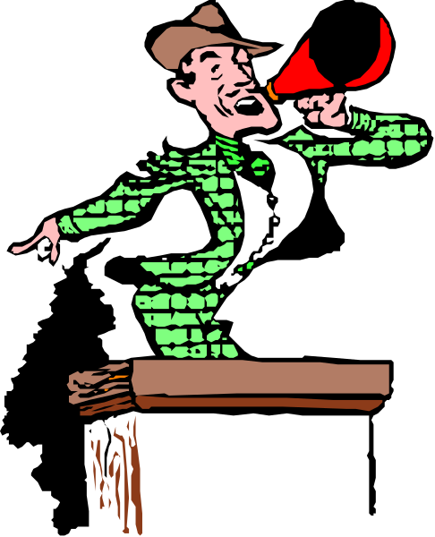 The cartoon shows a man dressed as Paul Bunyan standing on top of an old wooden desk with his hands outstretched in front of him while he appears to be speaking into something that looks like a microphone, and there's another figure behind him who seems to have horn-like appendages.