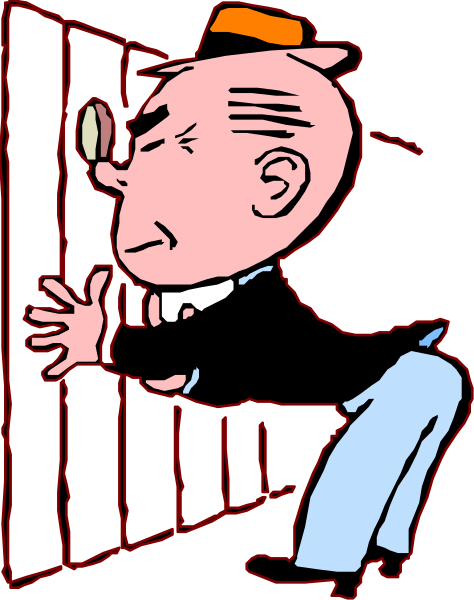 The cartoon depicts a man leaning over to look through an open door of what appears to be a jail cell with bars on it; he is wearing glasses and has gray hair.