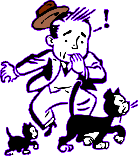The image shows a cartoon of an animated character who appears to be a man with exaggerated features such as large eyes and ears, wearing a hat holding two cats in his hands while running away from another cat that is chasing him.