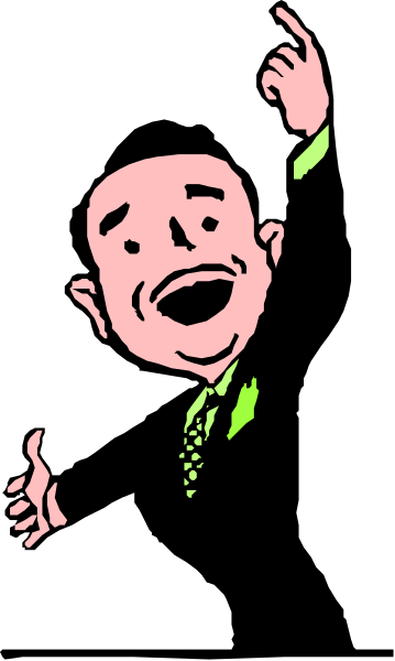 The image shows a cartoon character with exaggerated facial features standing against a black background; he is smiling broadly while gesturing towards something off-screen to his right side of frame.