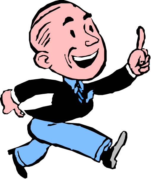 The cartoon shows a man with his hand on hip pointing to something off screen while wearing glasses and holding what appears to be an umbrella in one hand. He is smiling broadly at someone outside of frame, suggesting he's giving directions or sharing information about some location not visible here.