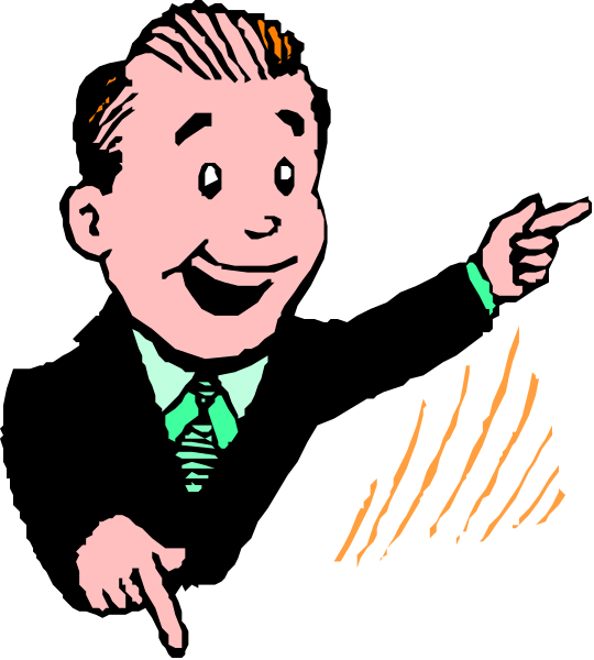 The image shows a cartoon of an adult male character with blonde hair pointing to something offscreen while standing against a dark background; he is wearing a suit jacket over his shoulder and has one hand on hip, smiling slightly as if explaining or presenting information.