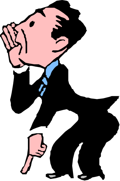 The image shows a black and white cartoon of an animated character who appears to be shouting into his hand while standing on what looks like a stage with curtains in the background.
