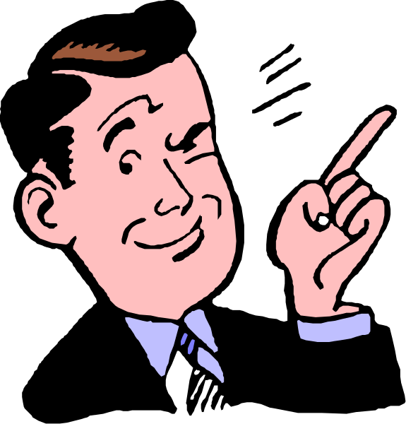 The cartoon shows a man pointing with his right hand while holding up an index finger on it; he is wearing glasses and has short hair. He appears to be in mid-speech as indicated by the open mouth, which suggests that this could represent him giving directions or explaining something important.