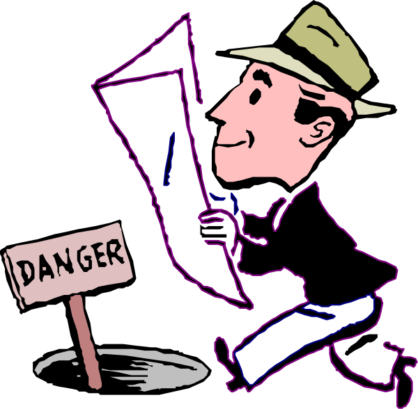 The cartoon shows a man running towards two signs: "DANGER" on his left side and an open umbrella in front of him with text that reads "CAUTION." He is wearing a hat, has dark hair, and appears to be dressed casually for the weather conditions.