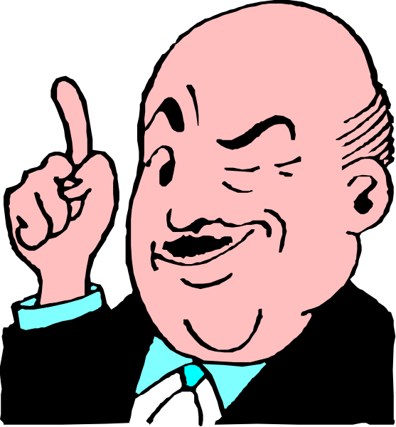 The cartoon shows a man with exaggerated facial features pointing his finger upwards while standing against a dark background; he is wearing a suit jacket without sleeves revealing part of an undershirt underneath.
