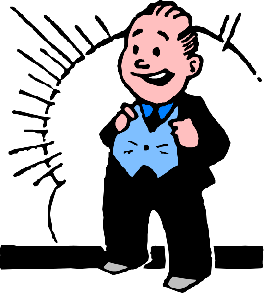 The black and white illustration shows a cartoon character of an adult male with dark hair wearing glasses standing on what appears to be a stage in front of microphone stands; he is dressed formally in a suit, tie, vest, shirt, pants, shoes, and has his hands clasped together.