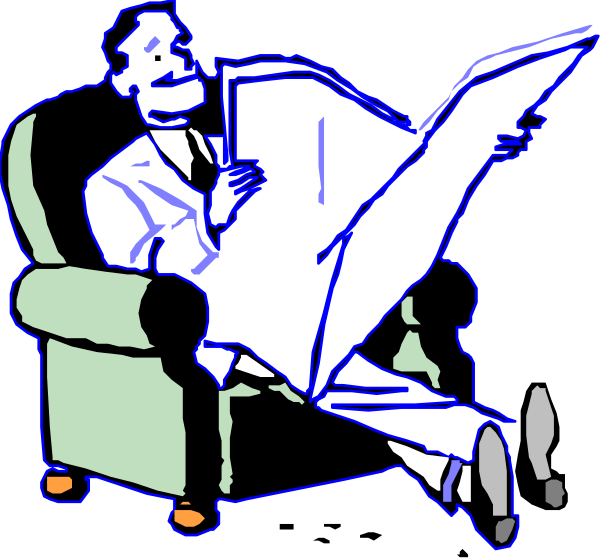 The image shows a man sitting on an armchair with his legs crossed over each other while reading a book; he is wearing a suit jacket but no shirt underneath it. To the left of this scene there's another smaller picture showing him standing and holding up what appears to be a newspaper or magazine, also dressed in formal attire without a visible undershirt.
