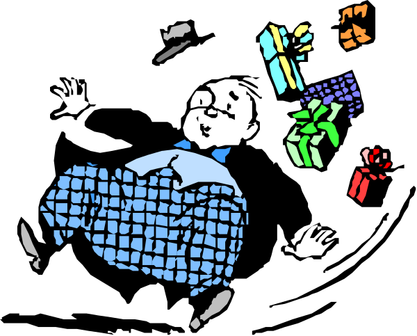 The black and white cartoon shows a person lying on their back with arms outstretched above them as if reaching for something in front of them; there is an assortment of colorful gift boxes scattered around, suggesting that it might be Christmas time.