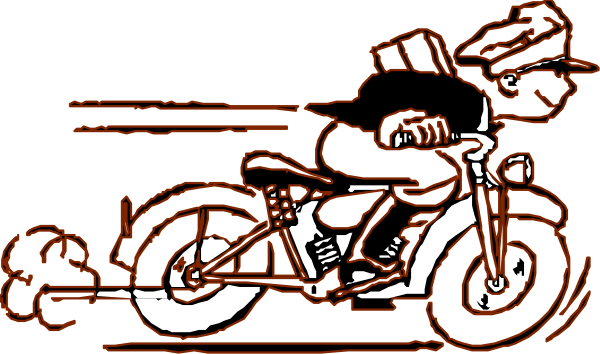 The image shows a black and white line drawing of an animated motorcycle with two wheels visible on its left side, ridden by what appears to be a character wearing protective gear such as gloves and goggles; in front is another smaller wheel that suggests motion or speed lines emanating from it.