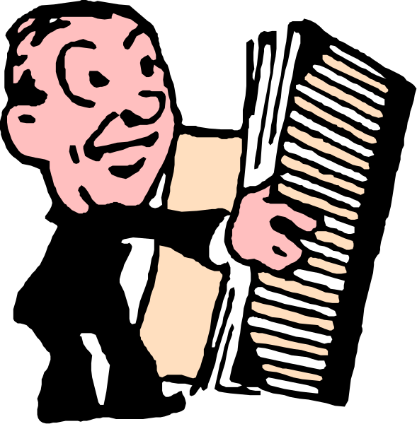 The black and white cartoon shows a man playing an accordion with his right hand while holding papers under it with both hands in one frame; another frame depicts him standing next to a piano with music notes falling from above, suggesting he is performing on stage or at home during practice.