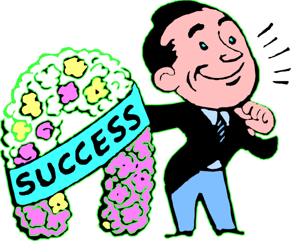 The image features a cartoon of two bouquets with flowers labeled "success" on either side, flanked by an animated character who is smiling broadly while holding up one of these flower baskets as if presenting it to someone off-screen.