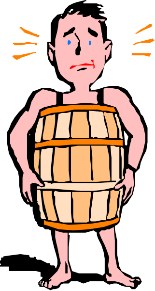 The cartoon shows a man with blue eyes looking down at his hands clasped together over an open barrel that has been transformed into clothing; he is standing against a black background.