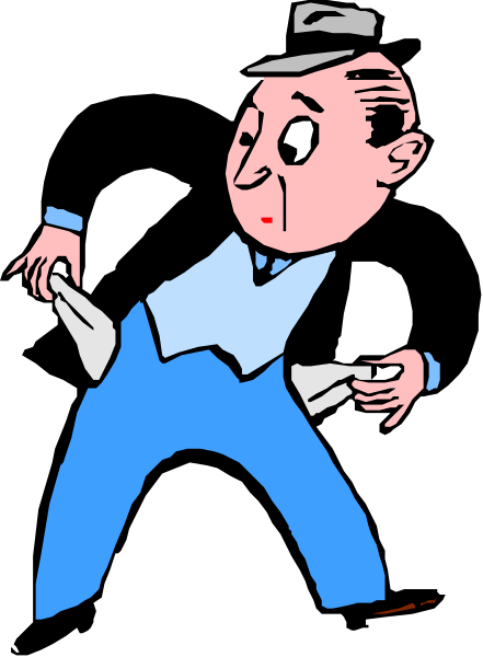 The cartoon shows a man with an exaggeratedly large head wearing overalls standing next to his shadow holding out two hands as if he's begging for money while looking down at them in disbelief, set against a black background.