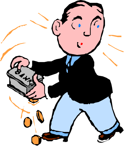 The cartoon shows a man holding an open briefcase with money spilling out onto his feet while he walks away from it.