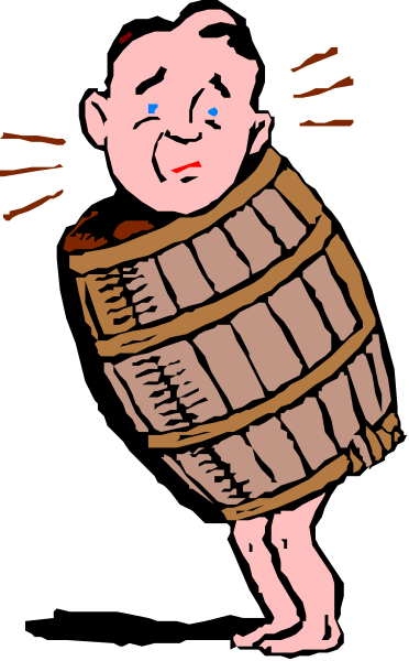 The cartoon depicts a man with blue eyes standing next to an old wooden barrel on his shoulder while he is leaning forward slightly as if walking down a street.