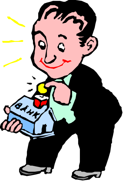 The cartoon shows a man holding up an object with "BANK" written on it while pointing at something above him that is out of frame; he has a surprised expression as if reacting to what's being pointed at, and there appears to be some sort of exclamation or emphasis around the word.